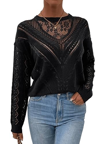 GORGLITTER Pullover Mit Spitze Damen Sexy Langarm Pulli Herbst Oberteile Strickpullover Mit Spitze Pullover Dünn Schwarz L von GORGLITTER