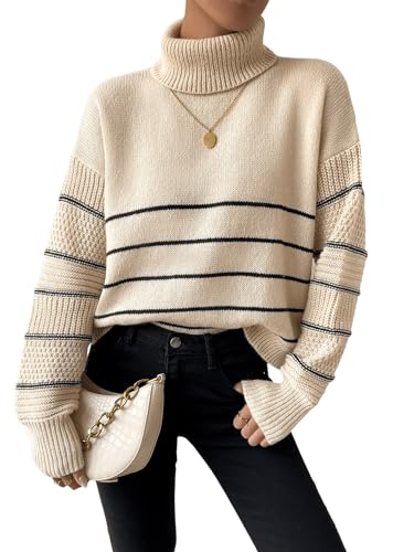 GORGLITTER Pullover Mit Streifen Damen Strickpullover Herbst Grobmaschiger Pullover Sweatshirt Mit Streifen Pullover Mit Rollkragen Aprikosenfarben L von GORGLITTER