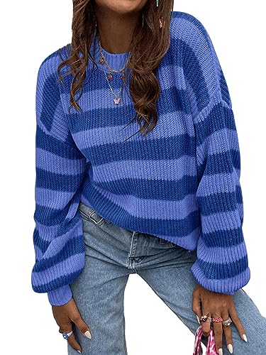 GORGLITTER Pullover Mit Streifen Damen Strickpullover Langarm Pullover Mit Farbblock Sweater Oversized Oberteile Pullover Blau L von GORGLITTER