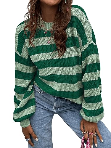 GORGLITTER Pullover Mit Streifen Damen Strickpullover Langarm Pullover Mit Farbblock Sweater Oversized Oberteile Pullover Grün L von GORGLITTER