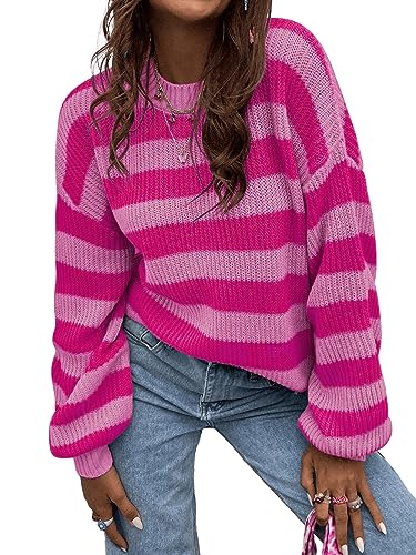 GORGLITTER Pullover Mit Streifen Damen Strickpullover Langarm Pullover Mit Farbblock Sweater Oversized Oberteile Pullover Rosa L von GORGLITTER