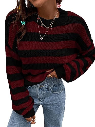 GORGLITTER Pullover Mit Streifen Damen Strickpullover Langarm Pullover Mit Farbblock Sweater Oversized Oberteile Pullover Schwarz und Rot XS von GORGLITTER