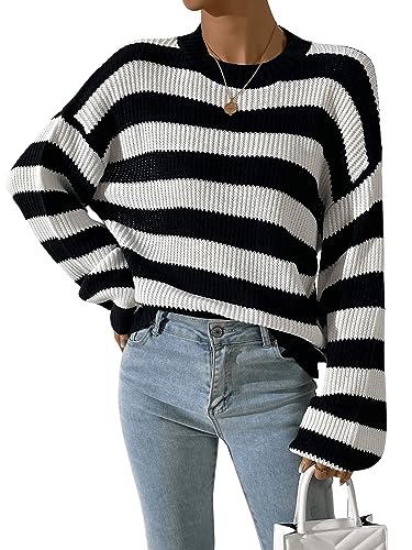 GORGLITTER Pullover Mit Streifen Damen Strickpullover Langarm Pullover Mit Farbblock Sweater Oversized Oberteile Pullover Schwarz und Weiß L von GORGLITTER