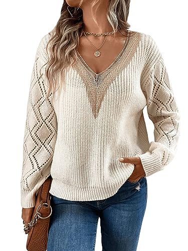 GORGLITTER Pullover Mit V Ausschnitt Damen Strickpullover Mit Spitze Langarm Pulli Sweatshirt Mit Spitze Sweater Pullover Beige L von GORGLITTER