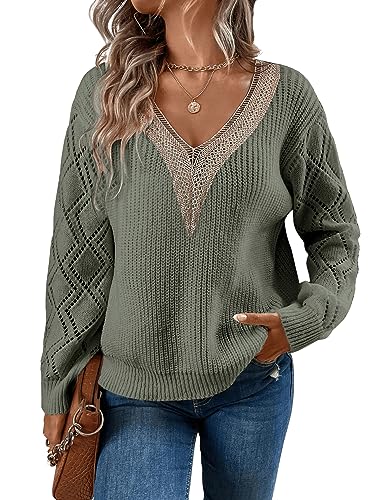 GORGLITTER Pullover Mit V Ausschnitt Damen Strickpullover Mit Spitze Langarm Pulli Sweatshirt Mit Spitze Sweater Pullover Grün L von GORGLITTER