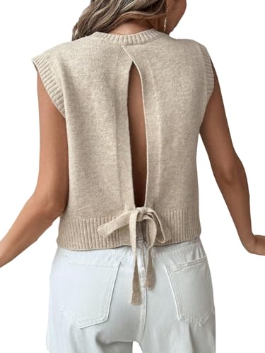 GORGLITTER Pullunder Damen Elegant Ärmellos Strickweste Rückenfrei Strickpullover Rundhals Gestrickte Oberteile Herbst Winter Outfit Beige L von GORGLITTER