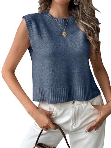 GORGLITTER Pullunder Damen Elegant Ärmellos Strickweste Rückenfrei Strickpullover Rundhals Gestrickte Oberteile Herbst Winter Outfit Dunkelblau S von GORGLITTER