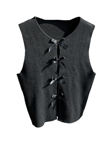 GORGLITTER Pullunder Damen Elegant Strickpullover mit Schleife Strickweste Ärmellos Oberteil Pullover Top Herbst Outfit Stricktop Pulli Schwarz L GORGLITTER Pullunder Damen Elegant Strickpullover mit Schleife Strickweste Ärmellos Oberteil Pullover Top Herbst Outfit Stricktop Pulli Schwarz L von GORGLITTER