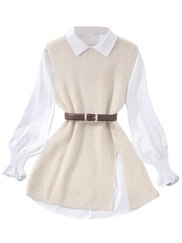 GORGLITTER Pullunder Damen Elegant Westen Rundhals Casualweste mit Schlitz Ärmellos Pullover Oberteil Langwesten Strickweste Aprikosenfarben XL von GORGLITTER