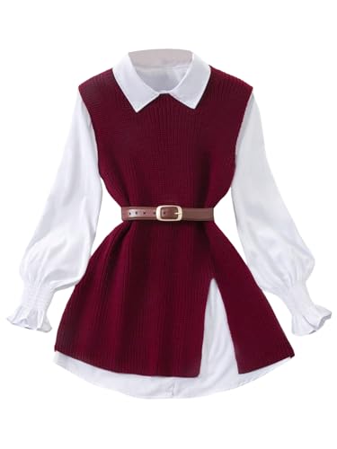 GORGLITTER Pullunder Damen Elegant Westen Rundhals Casualweste mit Schlitz Ärmellos Pullover Oberteil Langwesten Strickweste Bordeaux S von GORGLITTER