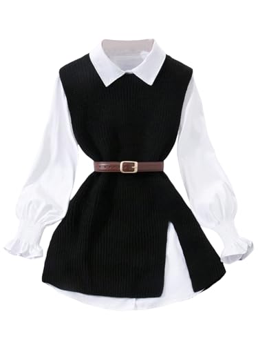 GORGLITTER Pullunder Damen Elegant Westen Rundhals Casualweste mit Schlitz Ärmellos Pullover Oberteil Langwesten Strickweste Schwarz S von GORGLITTER