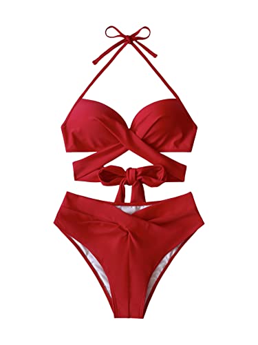 GORGLITTER Push Up Bikini Damen Badeanzug Sets Neckholder Swimsuit Zweiteiligwe Bademode Swimwear Strandmode mit Kreuzgurt Rot L von GORGLITTER