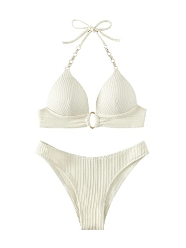 GORGLITTER Push Up Bikini Damen Set Bikini Mit Strass Kette Neckholder Bikini Zweiteiliger Badeanzug Mit Schnürung Bademode Beige S von GORGLITTER