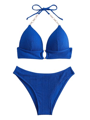 GORGLITTER Push Up Bikini Damen Set Bikini Mit Strass Kette Neckholder Bikini Zweiteiliger Badeanzug Mit Schnürung Bademode Blau L von GORGLITTER