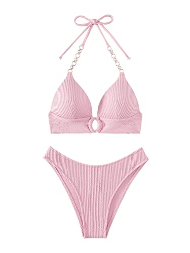 GORGLITTER Push Up Bikini Damen Set Bikini Mit Strass Kette Neckholder Bikini Zweiteiliger Badeanzug Mit Schnürung Bademode Grau-Rosa L von GORGLITTER