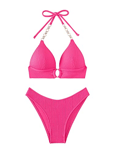 GORGLITTER Push Up Bikini Damen Set Bikini Mit Strass Kette Neckholder Bikini Zweiteiliger Badeanzug Mit Schnürung Bademode Rosa L von GORGLITTER