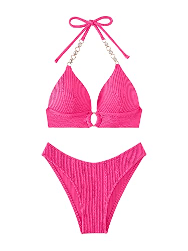 GORGLITTER Push Up Bikini Damen Set Bikini Mit Strass Kette Neckholder Bikini Zweiteiliger Badeanzug Mit Schnürung Bademode Rosa M von GORGLITTER