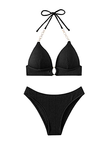 GORGLITTER Push Up Bikini Damen Set Bikini Mit Strass Kette Neckholder Bikini Zweiteiliger Badeanzug Mit Schnürung Bademode Schwarz M von GORGLITTER