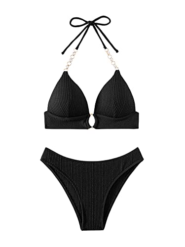 GORGLITTER Push Up Bikini Damen Set Bikini Mit Strass Kette Neckholder Bikini Zweiteiliger Badeanzug Mit Schnürung Bademode Schwarz S von GORGLITTER