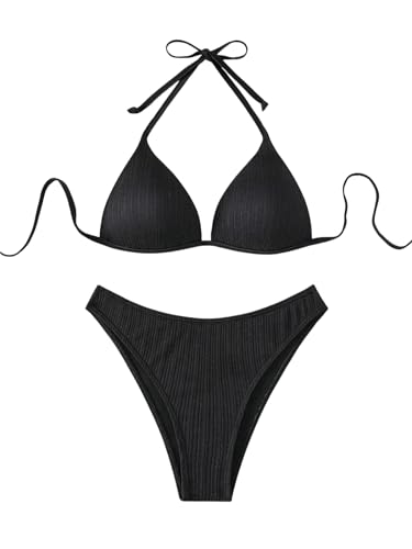 GORGLITTER Push Up Bikini Damen Set High Waist Neckholder Bikini Mit Bügel Zweiteiliger Badeanzug Bademode Schwarz M von GORGLITTER
