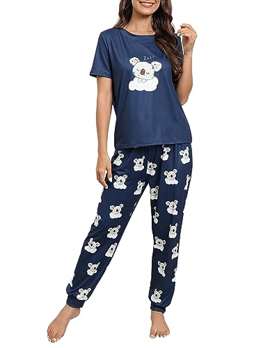 GORGLITTER Pyjama Damen Set Kurz Und Lang Schlafanzug Lange Hose Und Tshirt Zweiteiliger Pyjama Süße Nachtwäsche Hausanzug Schlafwäsche Marineblau L von GORGLITTER