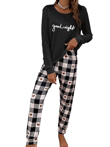 GORGLITTER Pyjama Damen Set Langarm Schlafanzug Karierte Hose Zweiteiliger Pyjama Lange Hose Und Tshirt Loungewear Hausanzug Nachtwäsche Sleepwear Schwarz und Weiß L von GORGLITTER