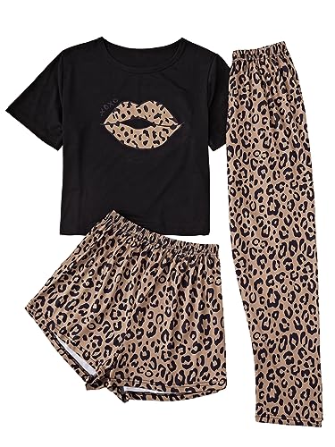 GORGLITTER Pyjama Set 3 Teilig Damen Leopard Schlafanzug Tshirt Und Hose Set Nachtwäsche Short Mit Tshirt Hausanzug Schlafwäsche Schwarz L von GORGLITTER