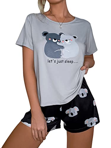 GORGLITTER Pyjama Set Damen Kurz Short Und Top Set Sommer Schlafanzug Süße Pyjamas Zweiteilige Nachtwäsche Hellgrau M von GORGLITTER