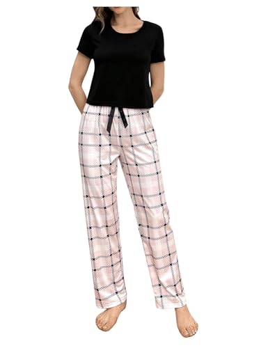 GORGLITTER Pyjama Set Damen Schlafanzug Lang Karierte Hose Zweiteiliger Schlafanzug Pyjama Lang Mit Tshirt Weihnachten Hausanzug Kariert-Rosa L von GORGLITTER