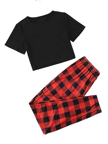 GORGLITTER Pyjama Set Damen Schlafanzug Lang Karierte Hose Zweiteiliger Schlafanzug Pyjama Lang Mit Tshirt Weihnachten Hausanzug Schwarz und Rot L von GORGLITTER