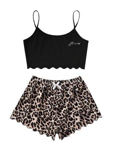 GORGLITTER Pyjama Set Damen Sommer Kurzer Schlafanzug 2 Teilig Cute Loungewear Set Leoparden Nachtwäsche Zweiteiler Hausanzug Leo Pajamas Leo M von GORGLITTER