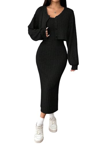 GORGLITTER Rippenstrick Kleid Damen Elegant Bodycon Kleid mit Jacke Set 2 Teiler Figurbetont Strickkleid Midikleid Cardigan Herbst Outfit Schwarz M GORGLITTER Rippenstrick Kleid Damen Elegant Bodycon Kleid mit Jacke Set 2 Teiler Figurbetont Strickkleid Midikleid Cardigan Herbst Outfit Schwarz M von GORGLITTER