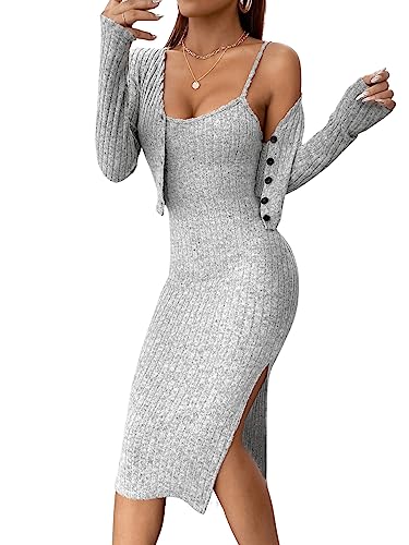 GORGLITTER Rippenstrick Kleid Damen Kleid Mit Jacke Set Elegant Zweiteiler Cami Kleid Mit Schlitz 2 Teiler Kleid Hellgrau M von GORGLITTER