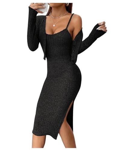 GORGLITTER Rippenstrick Kleid Damen Kleid Mit Jacke Set Elegant Zweiteiler Cami Kleid Mit Schlitz 2 Teiler Kleid Schwarz L von GORGLITTER