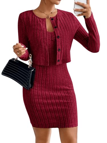 GORGLITTER Rippenstrick Kleid Damen Kleid Mit Jacke Zweiteiler Kleid Elegant Cami Figurbetontes Kleid Bordeaux S von GORGLITTER