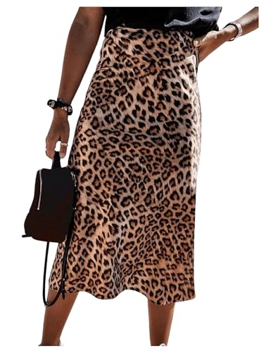 GORGLITTER Rock A Linie Damen Lang Leoparden Rock Sommerrock Leicht Und Luftig Leo Maxirock Eleganter Freizeitrock Sommer Outfits Khaki XS von GORGLITTER