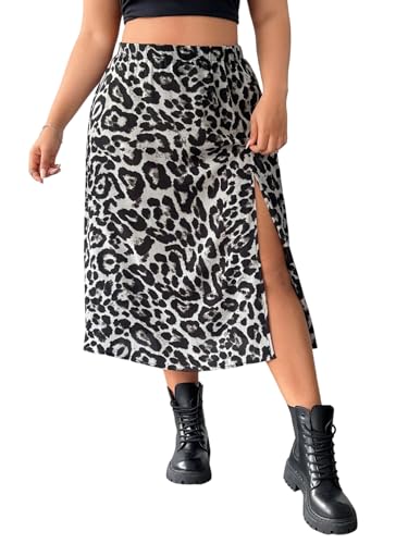 GORGLITTER Rock Damen Curve Große Größen Midirock Leoparden Freizeitrock Hohe Elastischer Bund Casualrock Partyrock mit Schlitz Festival Outfit Grau 2XL von GORGLITTER