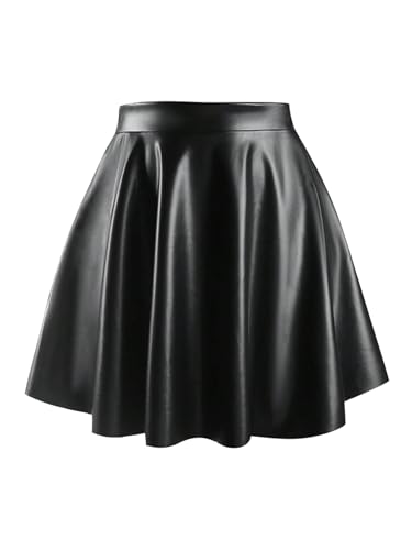 GORGLITTER Rock Damen Curvy Minirock Hohe Taille Glokenrock mit Reißverschluss Große Größen A Linie Partyrock Lederrock mit Falten Schwarz 2XL von GORGLITTER