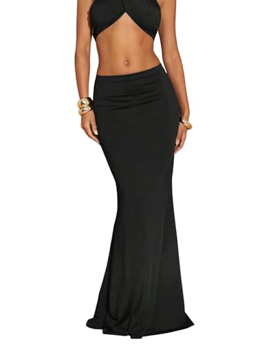 GORGLITTER Rock Damen Elegant Langer Rock Elastische Taille Maxirock Bodycon Freizeitrock Figurbetont Röcke mit Fishtail Saum Schwarz S von GORGLITTER