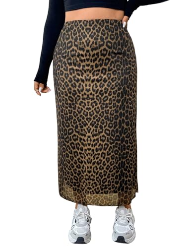 GORGLITTER Rock Damen Elegant Midirock mit Leopard Muster Hohe Taille Freizeitrock mit Netz A Linie Casualrock Herbstrock Partyrock Leopardenparden 2XL von GORGLITTER