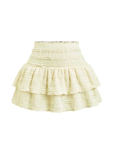 GORGLITTER Rock Damen Elegant Minirock Hohe Taille Partyrock Mehrschichtig Freizeitrock Einfarbig Kuchenrock Herbstrock Party Outfit Beige M von GORGLITTER
