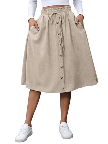 GORGLITTER Rock Damen Herbst A-Linie Midirock mit Knöpfen vorn Elastische Hohe Taille Röcke mit Taschen Lange Freizeitrock Lockere Casualrock Khaki M von GORGLITTER