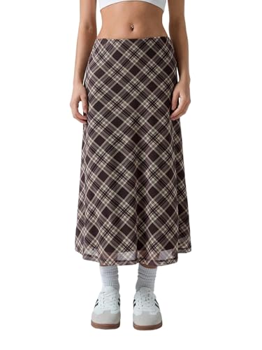 GORGLITTER Rock Damen Herbst Karierter Rock Y2k Mesh Midirock Elastische Hohe Taille Röcke A-Linie Lange Freizeitrock Lässig Karo Casualrock Braun XS von GORGLITTER