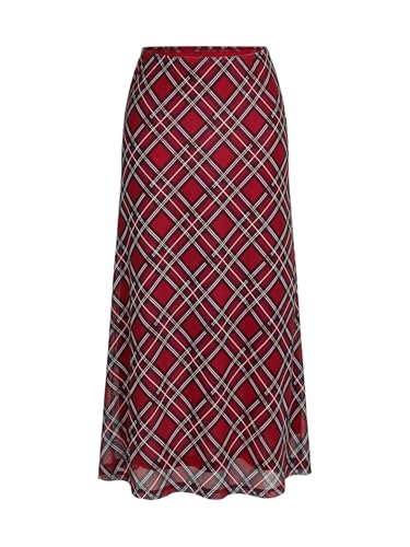 GORGLITTER Rock Damen Herbst Karierter Rock Y2k Mesh Midirock Elastische Hohe Taille Röcke A-Linie Lange Freizeitrock Lässig Karo Casualrock Rot L von GORGLITTER