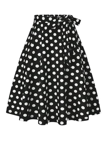 GORGLITTER Rock Damen Knielang Elegant Polka Dot Midirock A Linie Faltenrock mit Gürtel Hohe Taille Swing Rock Freizeitrock Partyrock Herbst Schwarz M von GORGLITTER