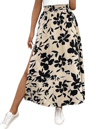 GORGLITTER Rock Damen Lang Elegant Maxirock mit Blumenmuster Hohe Taille Freizeitrock A-Linie Röcke mit Schlitz Bohorock Causalrock Khaki L von GORGLITTER