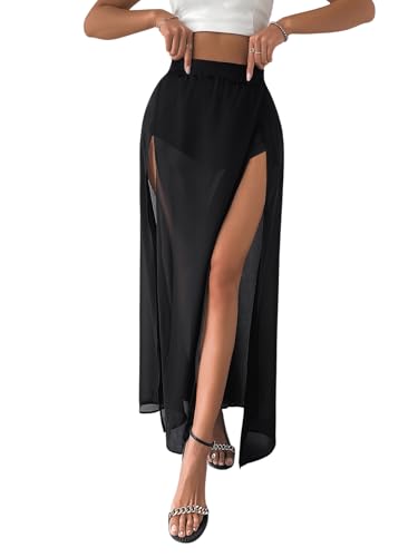 GORGLITTER Damen Mesh Rock Mit Hose Lang - Festival Rock Mit Schlitz Netzstoff Schwarz S von GORGLITTER