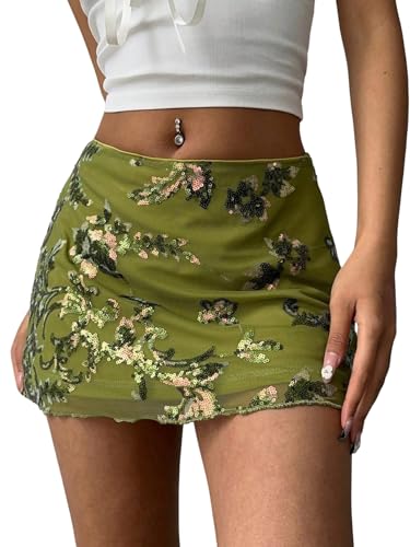GORGLITTER Rock Damen Minirock mit Pailetten Hohe Taille Freizeitrock mit Reißverschluss Partyrock mit Durchsichtig Mesh Rave Rock Grün M von GORGLITTER