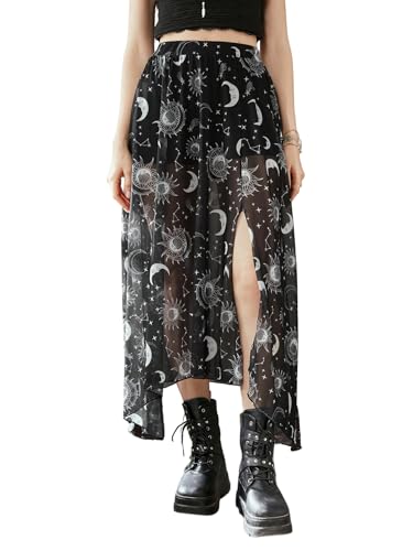 GORGLITTER Rock Damen Sommer A Linie Röck Sommerrock Mit Schlitz Maxirock Mit Hose Drunter Festival Outfit Transparenter Rock 2 In 1 Mesh Röck Schwarz L von GORGLITTER
