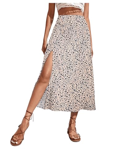 GORGLITTER Rock Damen Sommer Lang Rock Mit Blümchen Rock Mit Schlitz A-Linien Rock Blumenrock Geblümt Rock Mit Hoher Taille Aprikosenfarben XS von GORGLITTER